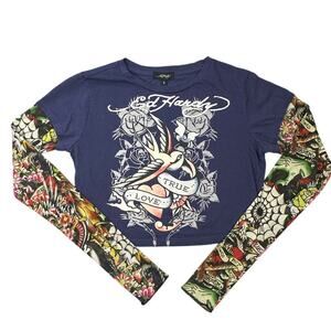 Ed Hardy Twofer Top Swallow True Love Tattoo Mesh Long Sleeve Baby Tee Y2K